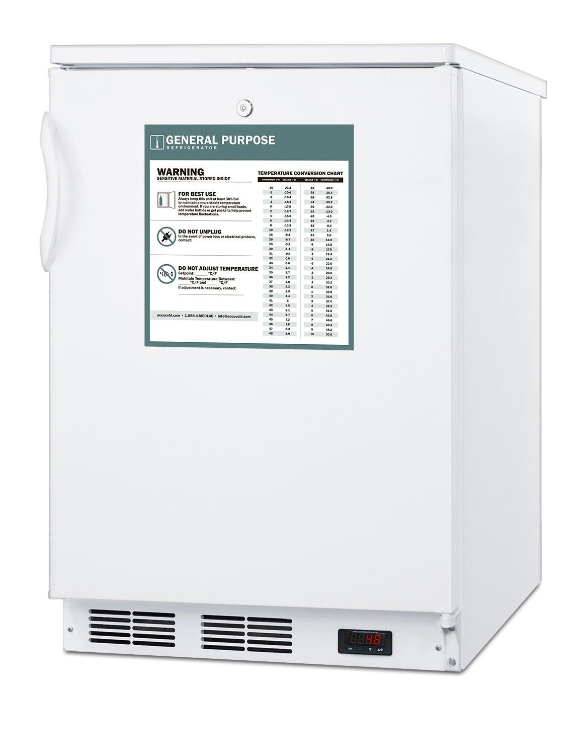 Commercially listed freestanding all-refrigerator for general purpose use, with front lock, automatic defrost operation and white exterior